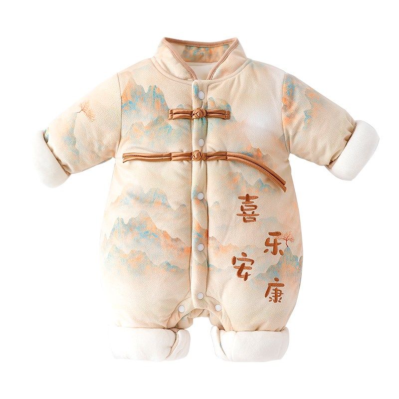 婴儿哈衣爬服加绒加厚新生儿连体衣秋冬装满月宝宝外出服夹棉保暖