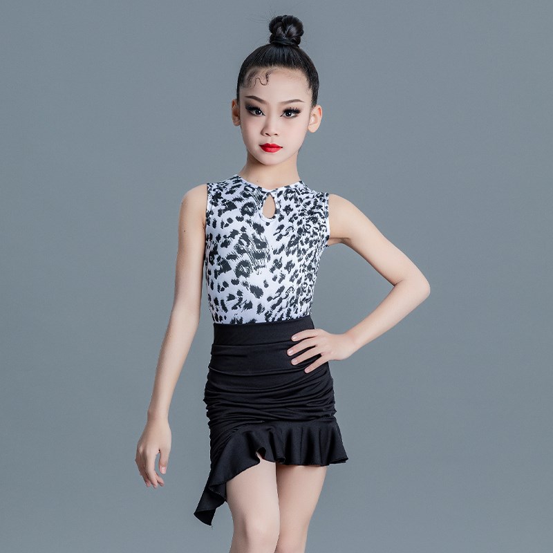 新款拉丁舞练功服儿童豹纹无袖拉丁舞裙少儿分体演出表演比赛套装