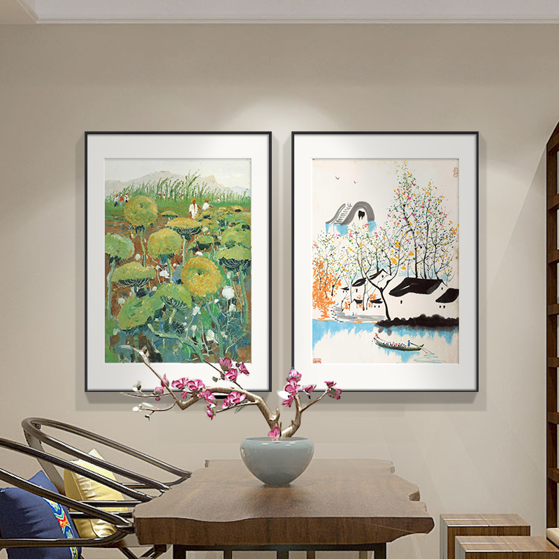 新中式餐厅装饰画吴冠中丝绸挂画中国风抽象艺术墙画饭厅墙面壁画