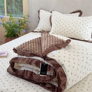 韩式 被可洗花边秋冬双人冬被 全棉春秋被豆豆被2米床盖四件套法式
