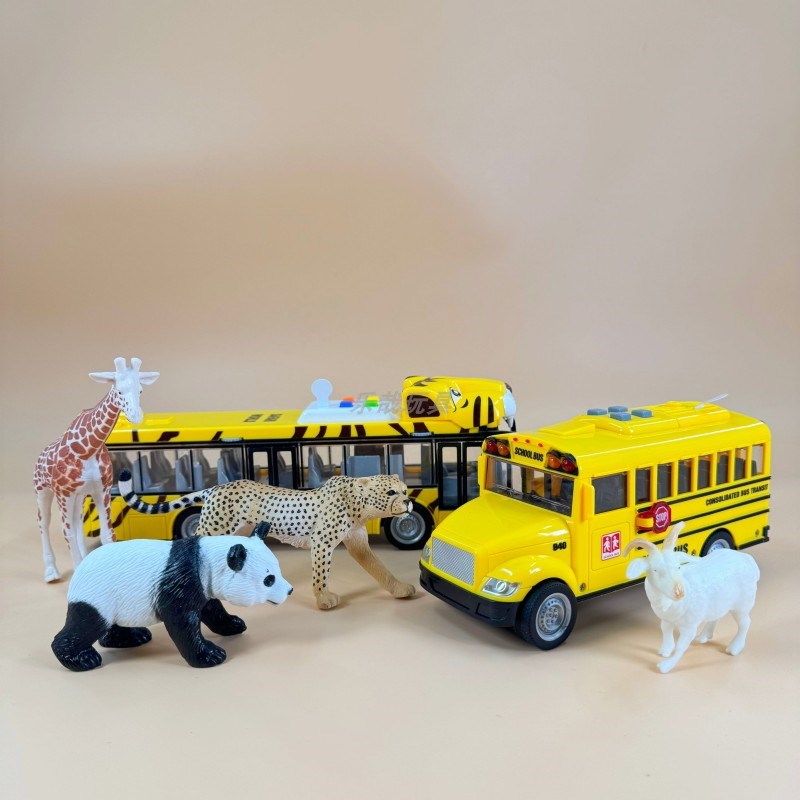 文艺校车巴士动物儿童惯性声光塑胶益智澄海公交车玩具车礼盒套装