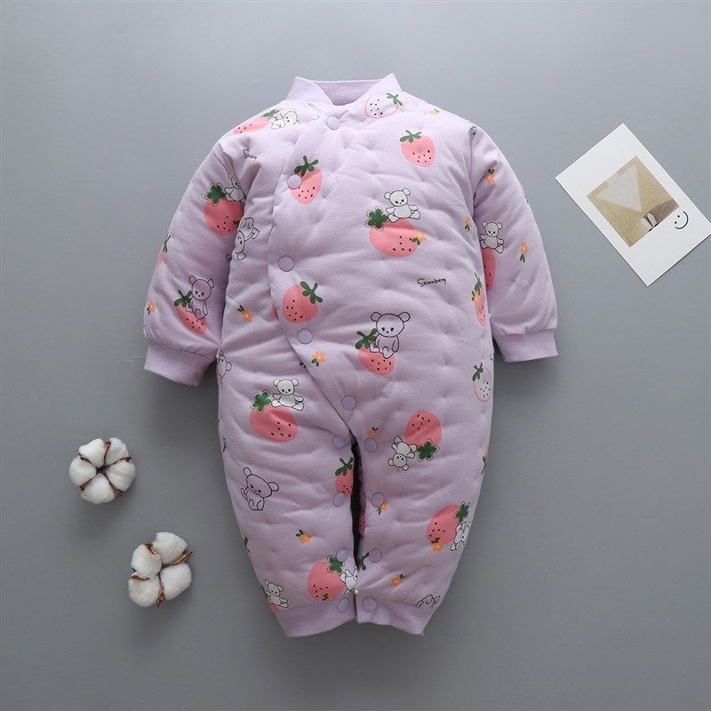 婴幼儿棉花敞脚连体衣按扣开底男女宝宝保暖加厚冬哈衣纯棉手工