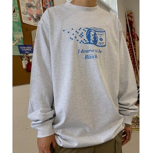 宽松纯棉长袖 男女款 打底T恤 简约美式 我想变有钱rich恶搞美元