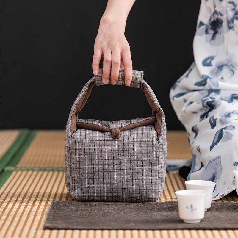格子加厚茶壶茶具茶杯收纳v包旅行包布袋提手棉布一壶两杯布包