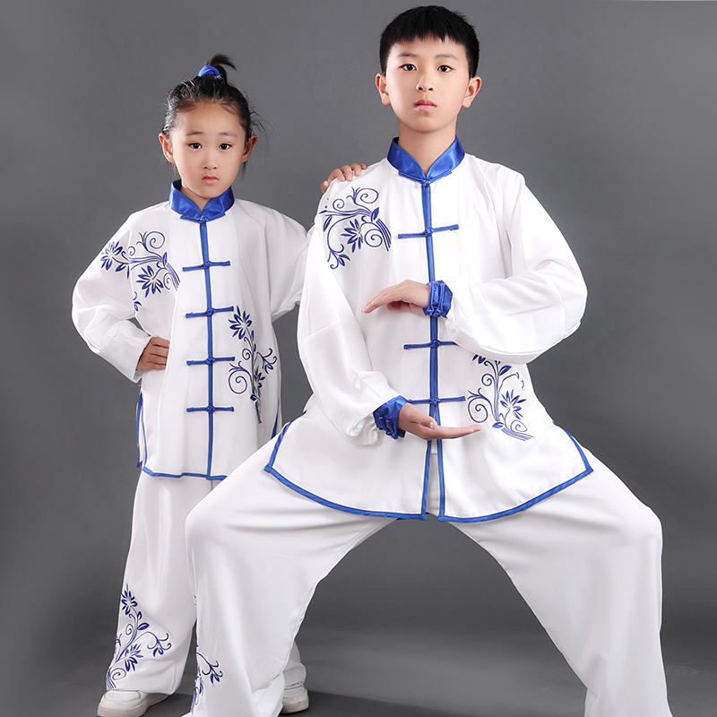 新款春秋儿童太极服棉加丝男女刺绣成人练功服学生少儿武术表演服