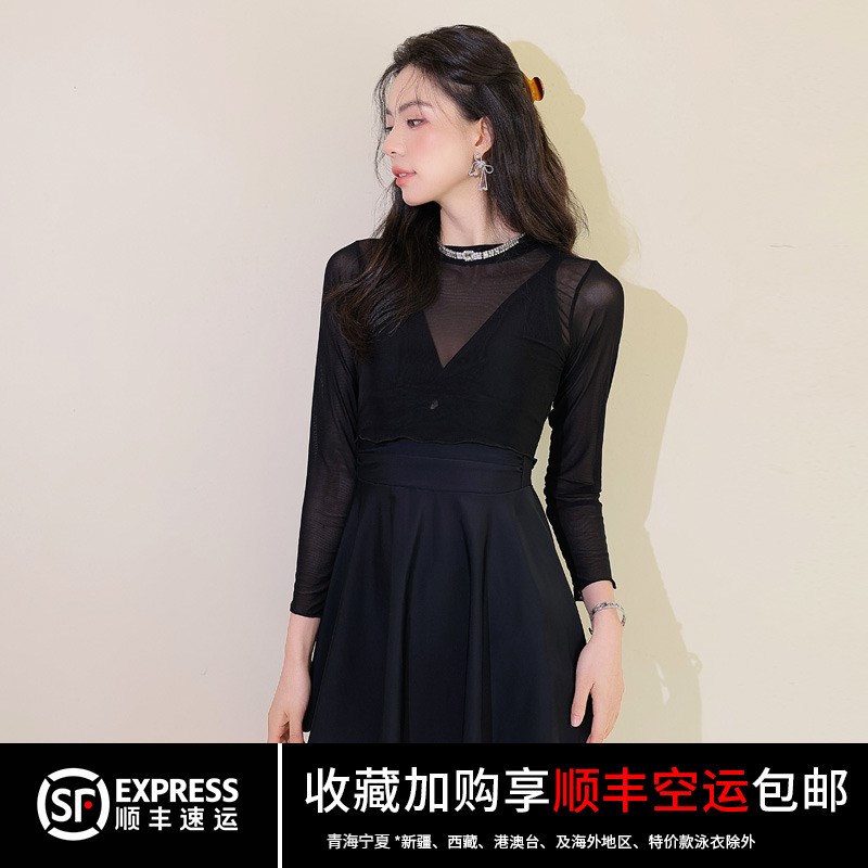 泳衣女高级感连体裙式罩衫长袖防晒大码胖mm显瘦遮肚海Z边度假温