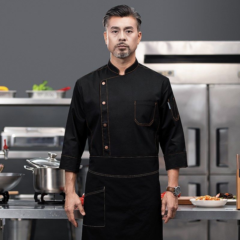 高档牛仔厨师工作服男长袖秋冬装餐饮酒店餐厅饭店厨房厨师长服装