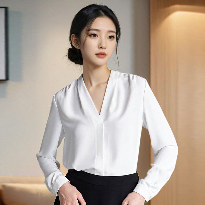 白色衬衫女职业h2025春季新款高级感气质内搭职场面试正装V领衬衫