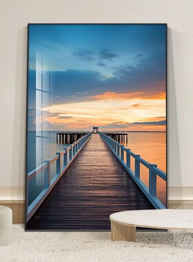 东墙客厅挂画上日出沙发背景墙大幅落地画边风景浪写实壁画