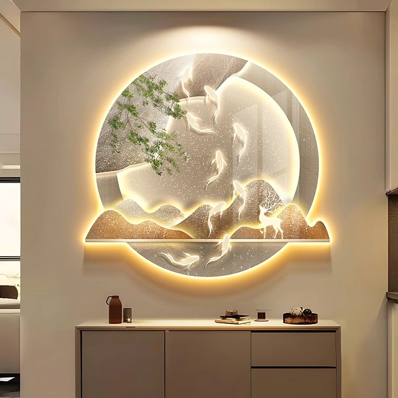 带灯入户正对门挂画九鱼图玄关装饰画LED发光客厅壁灯画走廊挂画