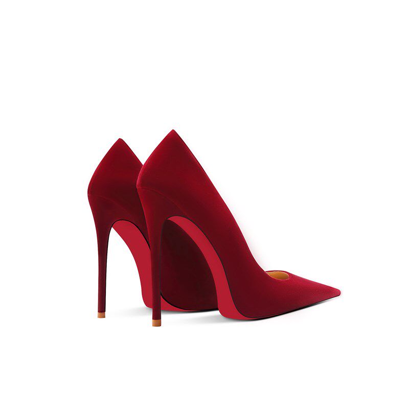 酒红色绒面尖头细跟高跟p鞋女胖脚宽2025新款12cm红底浅口大码单