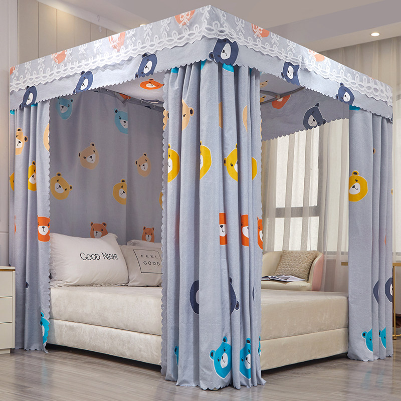 床帘家用卧室遮光蚊帐一体式全封闭少女公主防尘顶布落地床幔支架