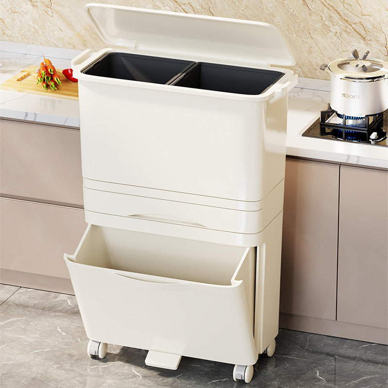 厨房垃圾桶家用高款免弯腰大容量带轮子可移动双层干湿分离双内桶