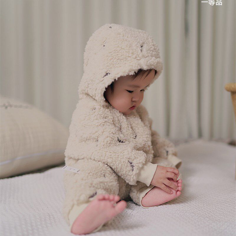 考拉蒂尔 婴儿毛绒连体衣秋冬加厚宝宝连帽新生保暖外出哈衣爬服