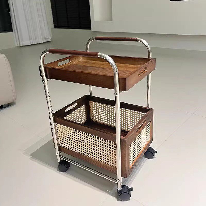小推车中古边几实木客厅s沙发边柜置物柜高级可移动茶水架角几藤