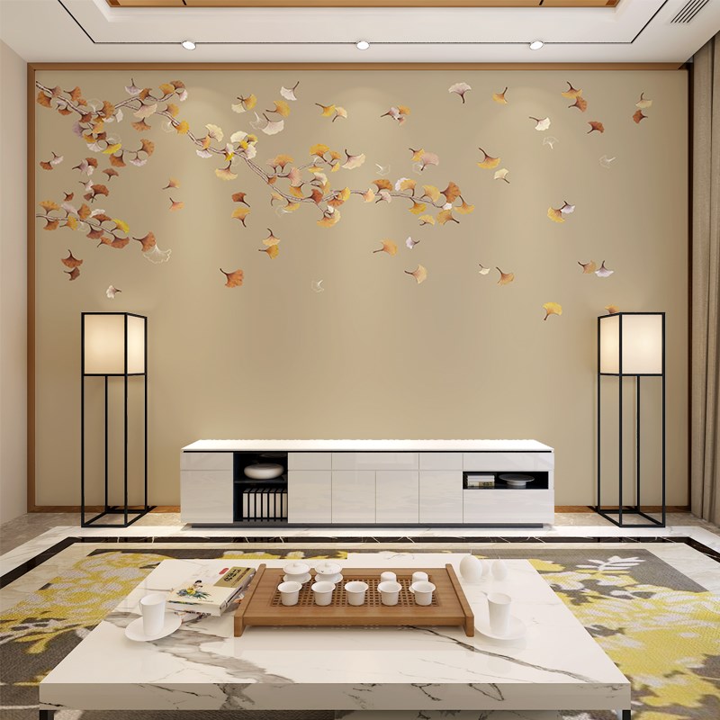 新款新中式银杏壁画客厅电视背景墙壁纸2021年新款影视墙壁布卧室