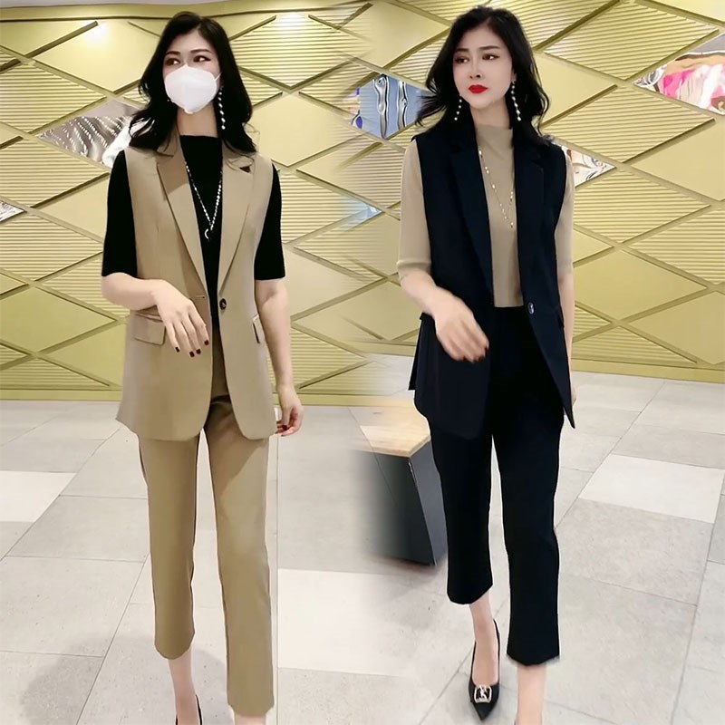 时尚套装2024棉秋n季新款韩版气质马夹小衫T恤小脚裤网红女三件套