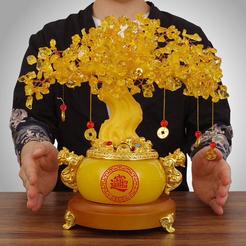 水晶发财摇钱树招k财摆件聚宝盆貔貅客厅店铺装饰公司前台开业礼