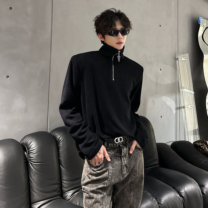 秋冬半拉c链设计高领垫肩t恤男长袖韩版痞帅毛圈面料厚T恤打底衫