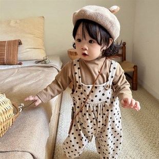 INS秋季婴儿连身衣圆点灯芯绒爬爬服宝宝纯色内搭衣抱婴袋裤两件