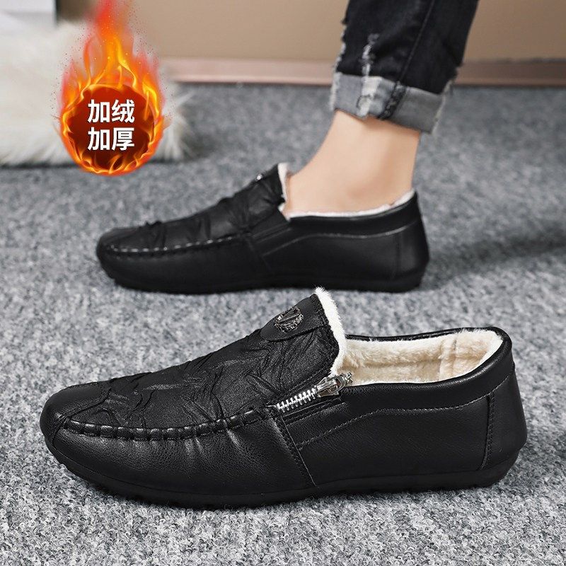 冬天棉鞋豆豆鞋男款冬季加绒保暖懒人一脚蹬开 车软底皮面痘