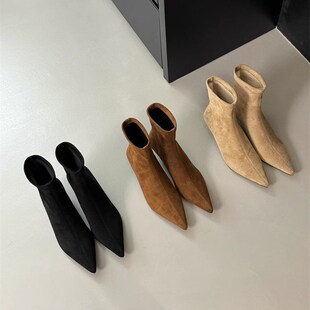 尖头高级感中跟h短筒靴女2024秋冬新款加绒百搭时尚纯色细跟短靴