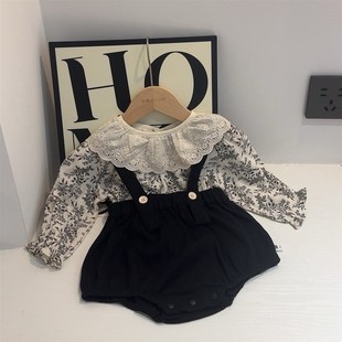 2025新款女宝宝春装一岁套装洋气时髦碎花背带裤打底衣春秋两件套
