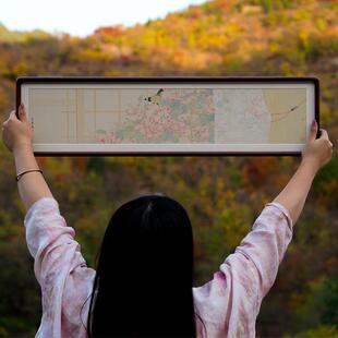 卧室床头花鸟挂画 画新中式清新淡雅原木风客厅横版细长条实木装