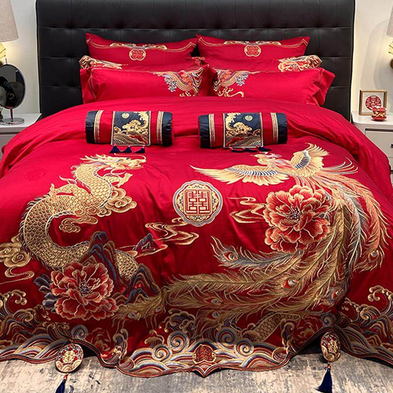 高端140支匹马棉四件套100全棉婚庆结婚龙凤刺绣被套新婚中式床品