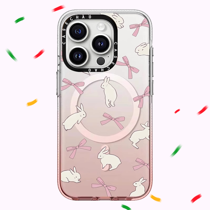 韩国CASETIF渐变粉磁吸壳丝带兔子适用苹果16/15promax新款保护套iphone13pro防摔透明14轻薄ins情侣