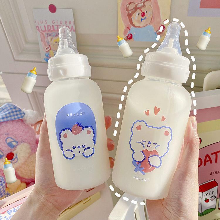 is创奶嘴n玻意璃杯学生余少女心可爱DNA水杯磨砂吸管杯高颜值奶瓶