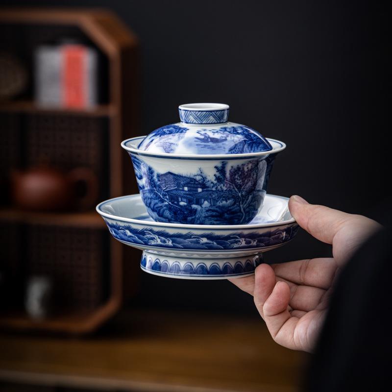 高档仿古青花三才盖碗茶杯单个中式泡茶碗大号敬茶碗陶瓷盖碗礼品