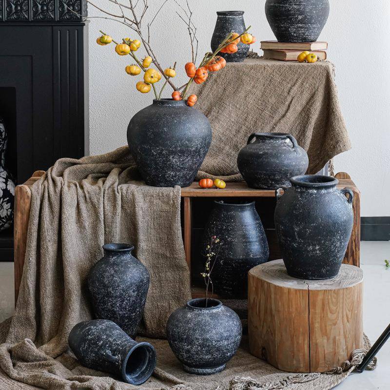 侘寂风复古花瓶粗陶民宿陶罐新中式陶瓷插干花器阳台花盆家居摆件