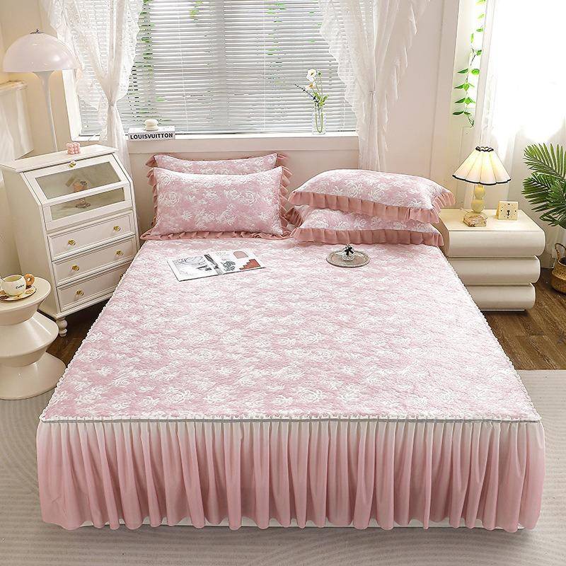 2025新款凉席床裙三件套玫瑰提花渐变床裙豆豆席PE高凉感凉席子席