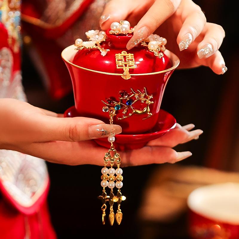 结婚敬茶杯套装一对红色喜碗筷婚礼新人改口茶具敬酒陪嫁用品大全