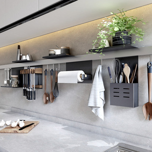 太空铝厨房置物架壁挂式墙上用品调味料架子P挂杆锅盖架刀架黑色