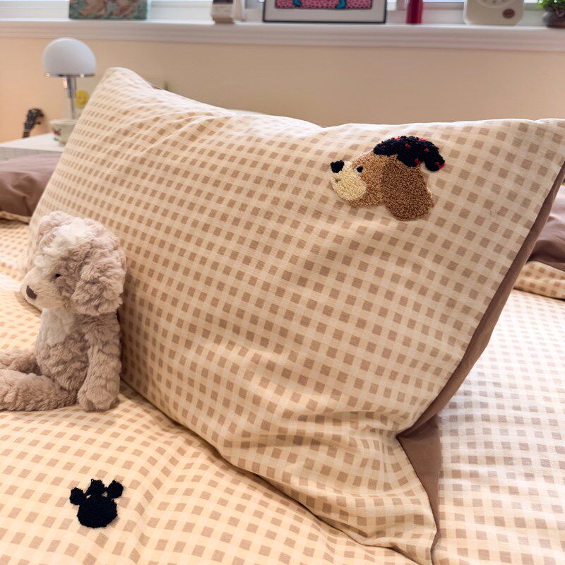 加厚全棉磨毛四件套纯棉被套被罩毛巾绣J单人床三件套床单床笠款