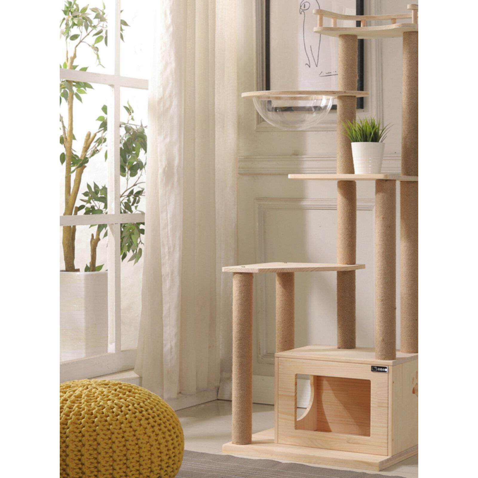 松木全实木大型猫爬架双窝一体别墅黄剑麻柱太空舱多层可放猫砂盆