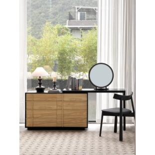 侘寂中古风实木梳妆台斗柜一体覆古床尾收纳柜卧室转角伸缩化妆桌