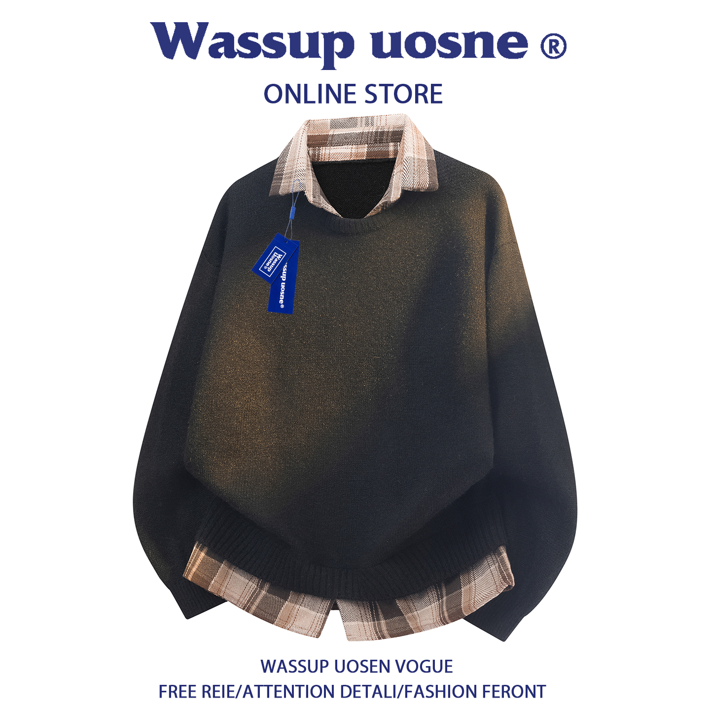 WASSUP UOSNE假两件针织衫男2025新款衬衫领打底衫秋冬季内搭毛衣