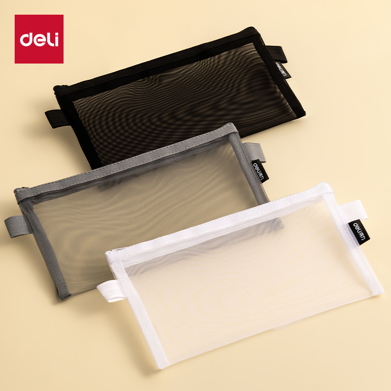 得力2025新款考试专用网纱笔袋简约女生男孩高颜值网纱透明大容量笔袋中考高考铅笔袋考研国考文具袋拉链袋