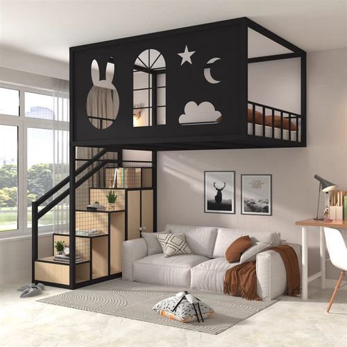 铁艺高架床单上层上床下空省空间树屋二楼悬空床阁楼床上铺高低床
