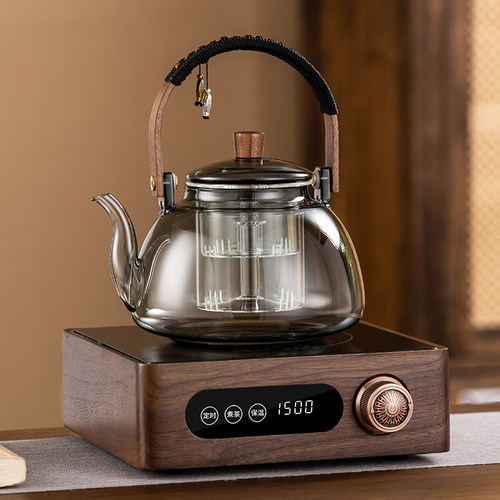 黑晶炉胡桃木煮茶器炉套装大功率家用新款养生烧水玻璃蒸煮一体壶