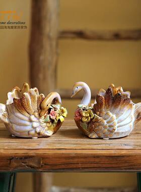 大号立体玫瑰天鹅动物陶瓷收纳装饰储物笔筒欧式立体花盆家居摆饰