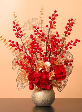 红果福桶摆件发财果开业新款高档乔迁礼物冬青年宵花客厅红花装饰