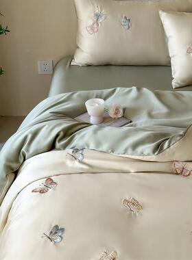 小清新6床0支天蝴丝蝶绣RBP花绿莱色赛尔纤维四件套1.5m1.8米单被