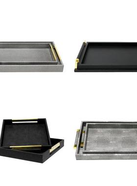 新所中式木质皮质客托盘样板房茶间收纳盘酒店会软SUI装饰品摆件