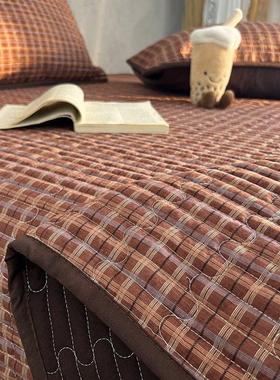 简约皱覆古红格冬皱纱床RRP盖三件套件防滑秋夹单棉绗缝床单四季