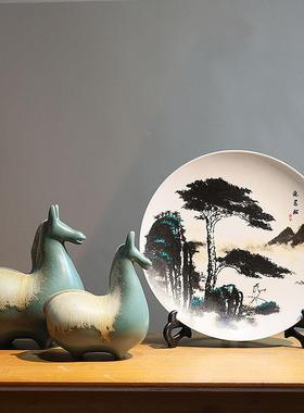 新古中式陶国画山水装GWY饰博盘景德镇瓷摆件家居客厅架电视柜工
