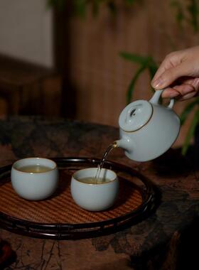 汝窑壶套装景陶德镇茶玉瓷Q2212ABD一壶二杯复古汝瓷手工茶具石瓢